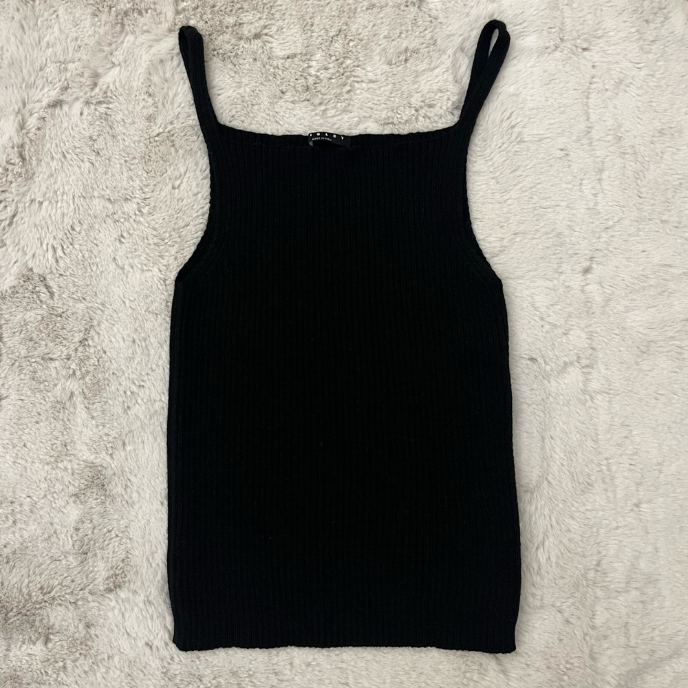 Vintage Y2K Sisley Wool Blend Black Ribbed Square Neck Tank Top - Made in Italy
